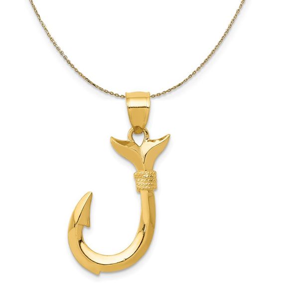 14k Yellow Gold Whale Tail Fishhook Necklace - 30 Inch